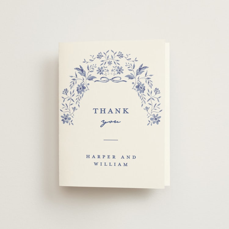 "Daisy Toile" - Folded Wedding Thank You Cards in Blue Willow by Susan Zinader - Front