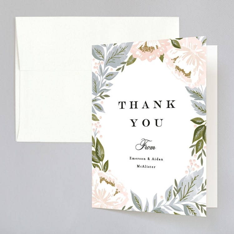 "Peony Floral Frame" - Folded Wedding Thank You Cards in Cornflower by Alethea and Ruth - Front