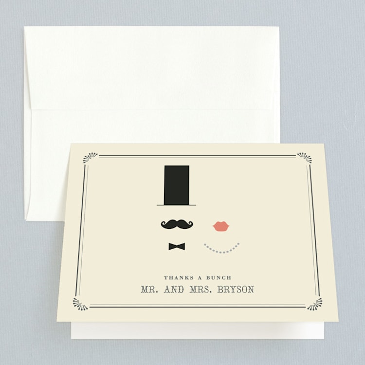 "Stache + Kiss" - Folded Wedding Thank You Cards in Creme by Penelope Poppy - Front