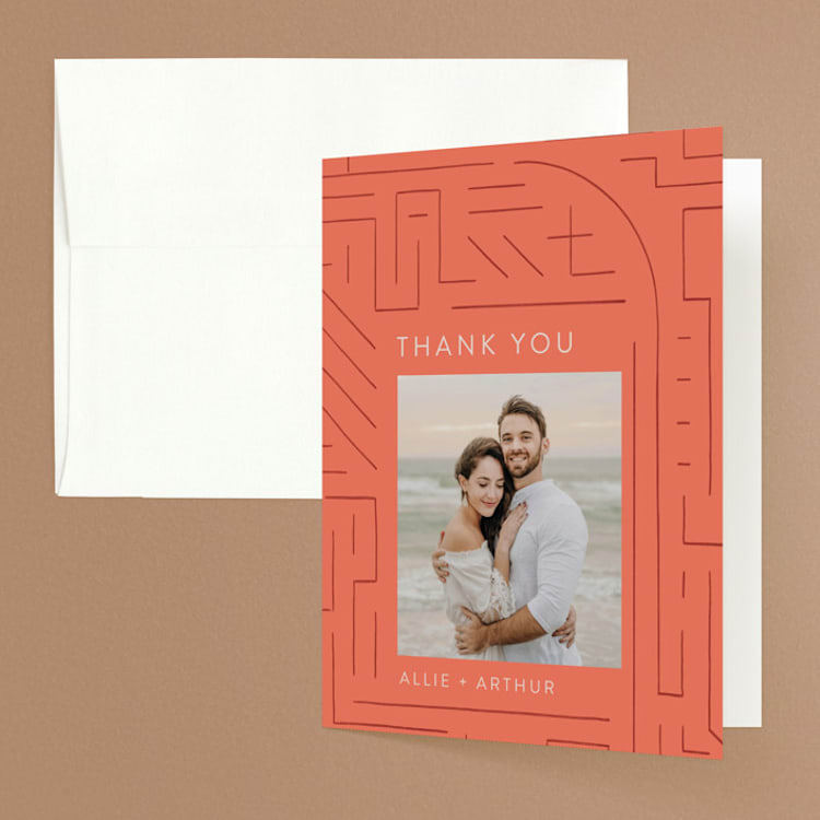 "Lines" - Folded Wedding Thank You Cards in Melon by JeAnna Casper - Front