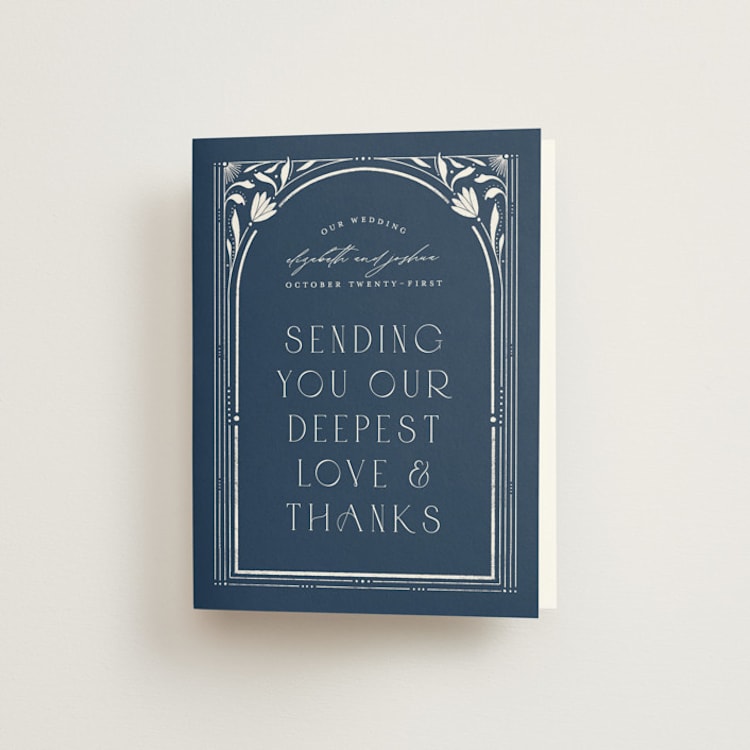 "Nouveau Frame" - Folded Wedding Thank You Cards in Delphinium by Ashley DeMeyere - Front