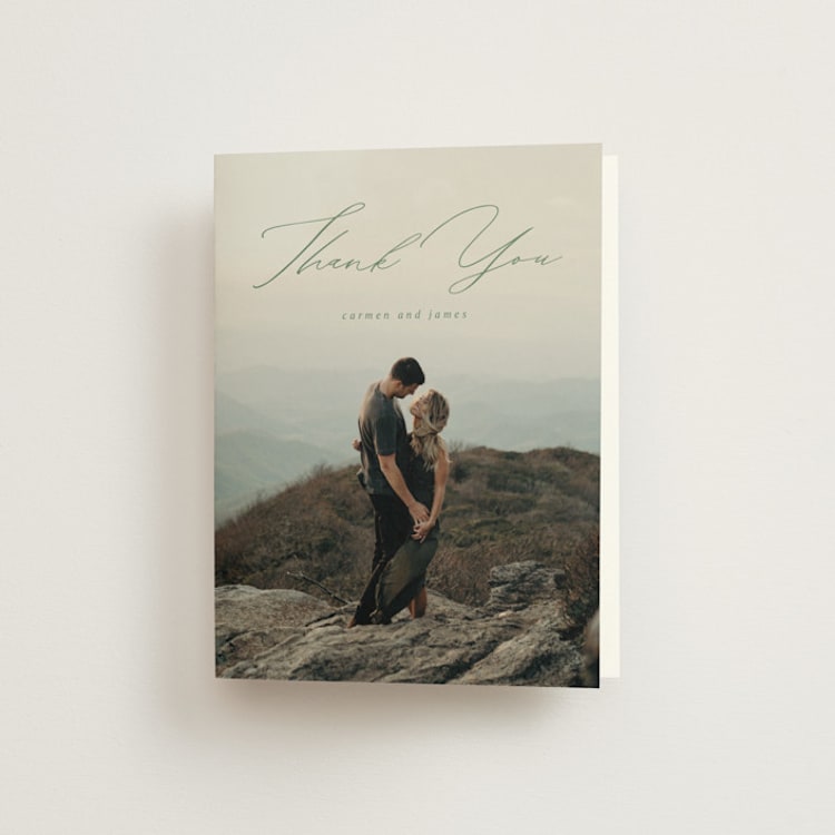 "Over the mountains" - Folded Wedding Thank You Cards in Fern by Helen Halik - Front