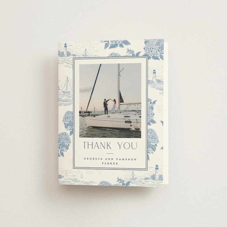 "Coastal Toile" - Folded Wedding Thank You Cards in Sea by Jenna Holcomb - Front