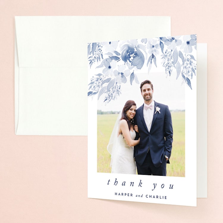 "Poetic Watercolor Flowers" - Folded Wedding Thank You Cards in Periwinkle by Qing Ji - Front