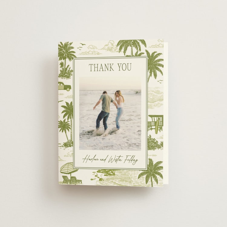 "BeachToile" - Folded Wedding Thank You Cards in Palm by Jenna Holcomb - Front