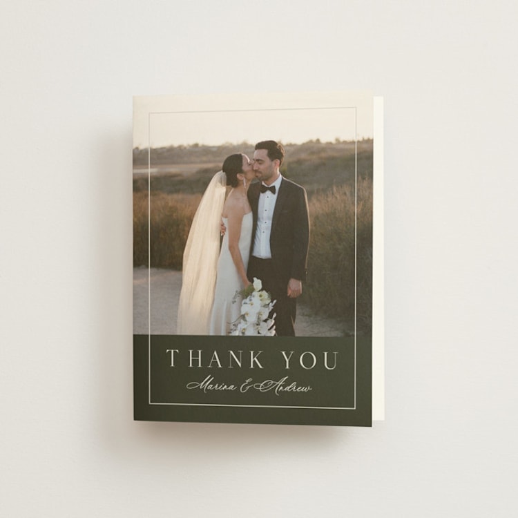 "Refined" - Folded Wedding Thank You Cards in Deep Olive by Nicole Walsh - Front