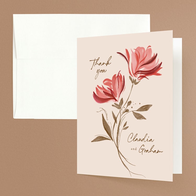 "Painterly Florals" - Folded Wedding Thank You Cards in Scarlet by Vivian Yiwing - Front