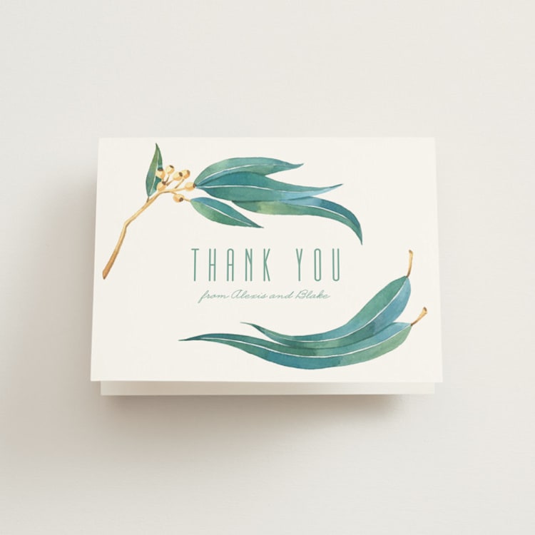 "Eucalyptus Leaves" - Folded Wedding Thank You Cards in Eucalyptus by Shannon Chen of Four Wet Feet Studio - Front
