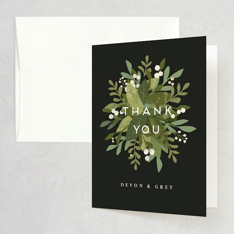 "Laurel of Greens" - Folded Wedding Thank You Cards in Midnight by Jennifer Wick - Front
