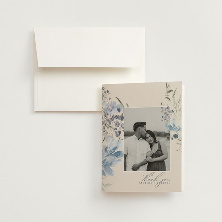 "Wildflower wreath" - Folded Wedding Thank You Cards in Sky by Grace Kreinbrink - Front