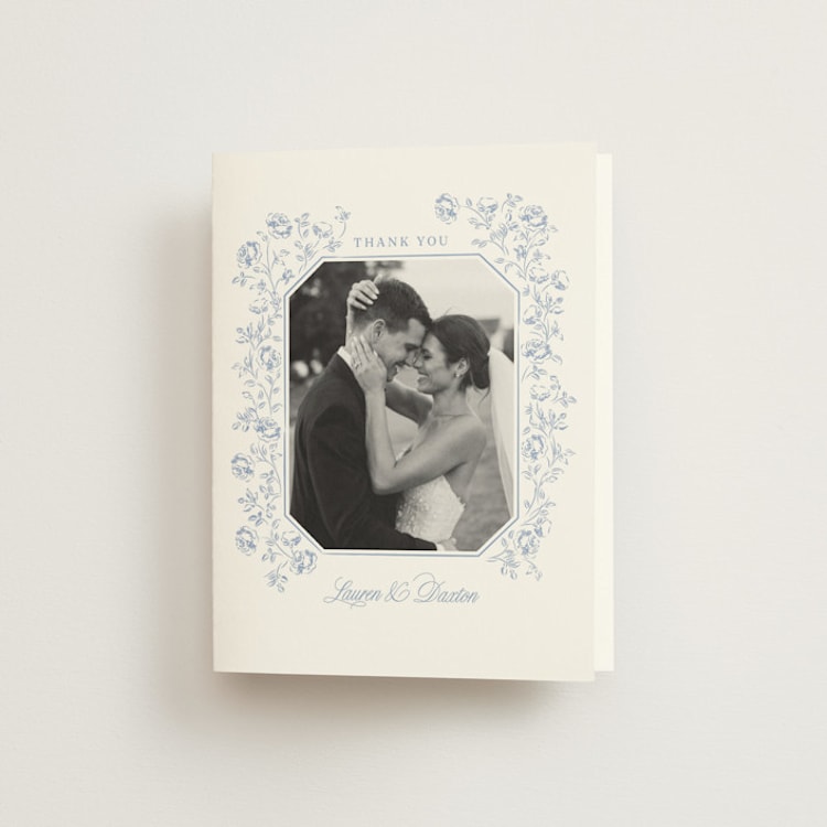 "Framed Florals" - Folded Wedding Thank You Cards in Sky by Robert and Stella - Front