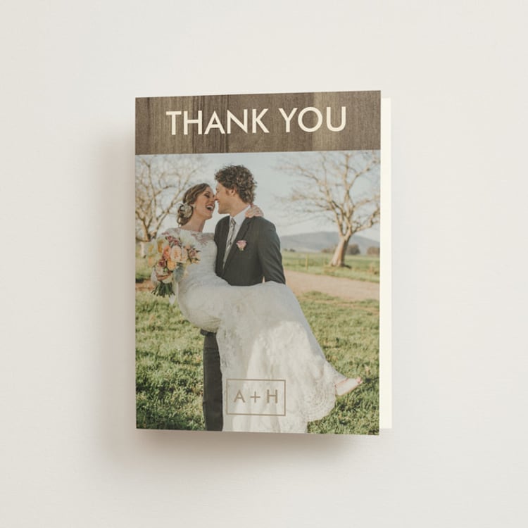 "Modern Barn Wood" - Folded Wedding Thank You Cards in Rose by Hanna M - Front