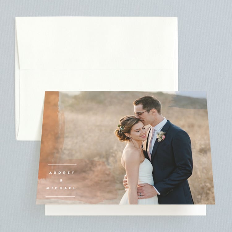 "Watercolor Wisp" - Folded Wedding Thank You Cards in Blush by Ariel Rutland - Front