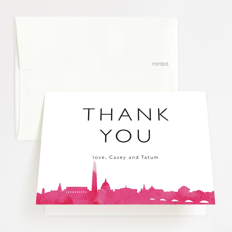 "Skyline - Washington DC" - Folded Wedding Thank You Cards in Magenta by Laura Condouris - Front