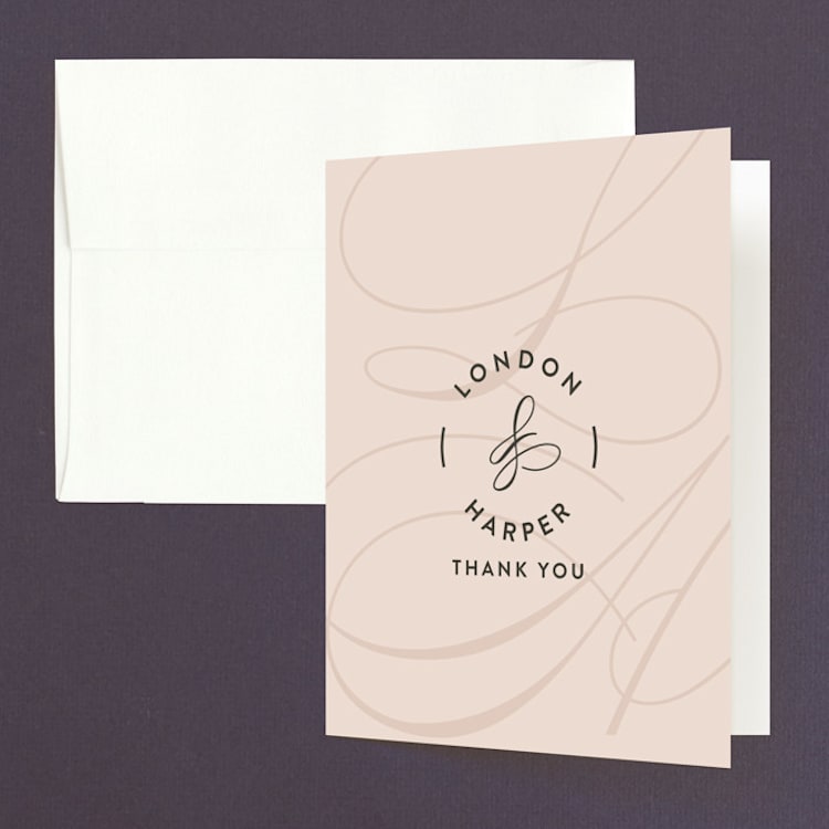 "Twirl Monogram B" - Folded Wedding Thank You Cards in Blush by Ariel Rutland - Front