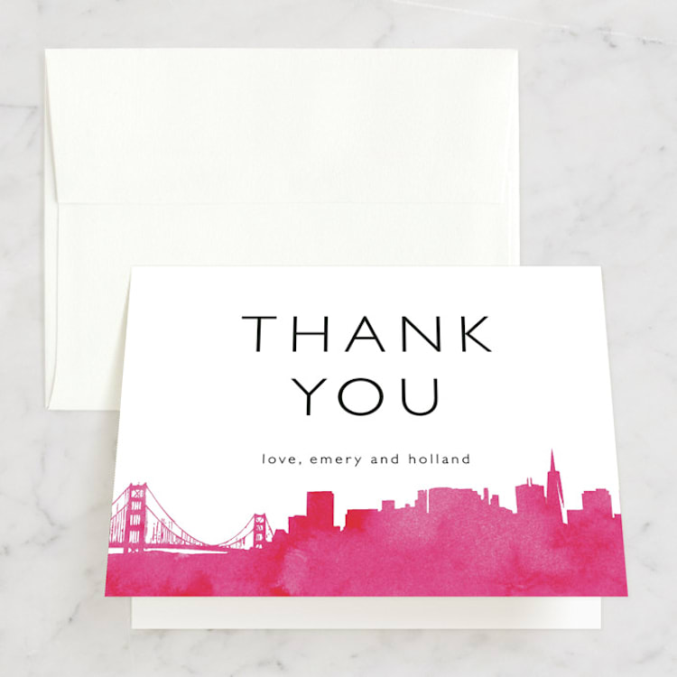 "Skyline San Francisco" - Folded Wedding Thank You Cards in Magenta by Laura Condouris - Front