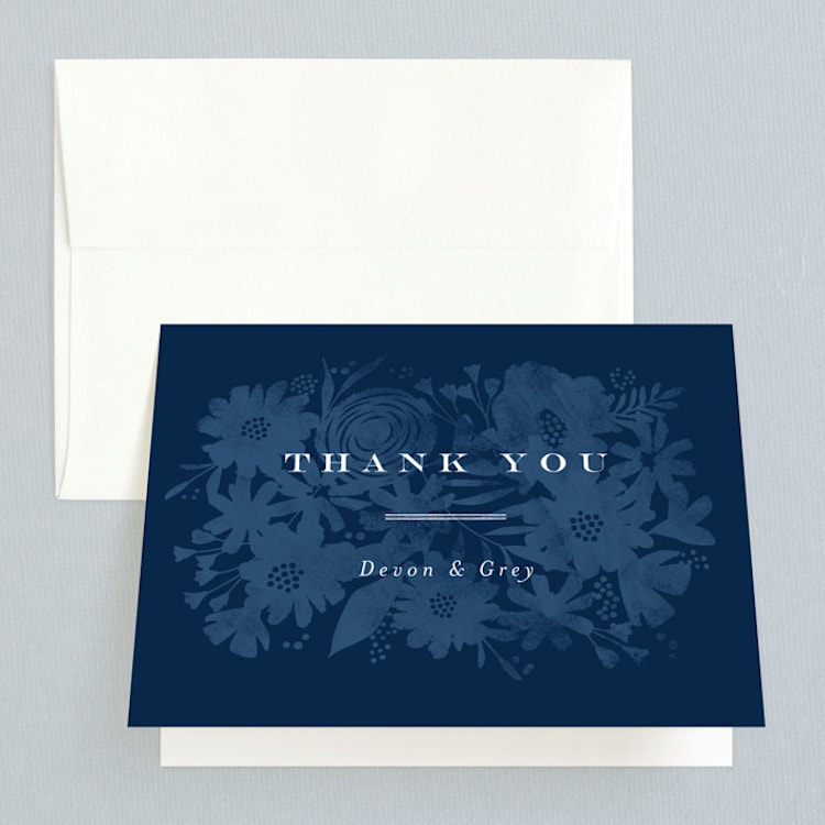 "Floral screenprint" - Folded Wedding Thank You Cards in Navy by Jennifer Wick - Front
