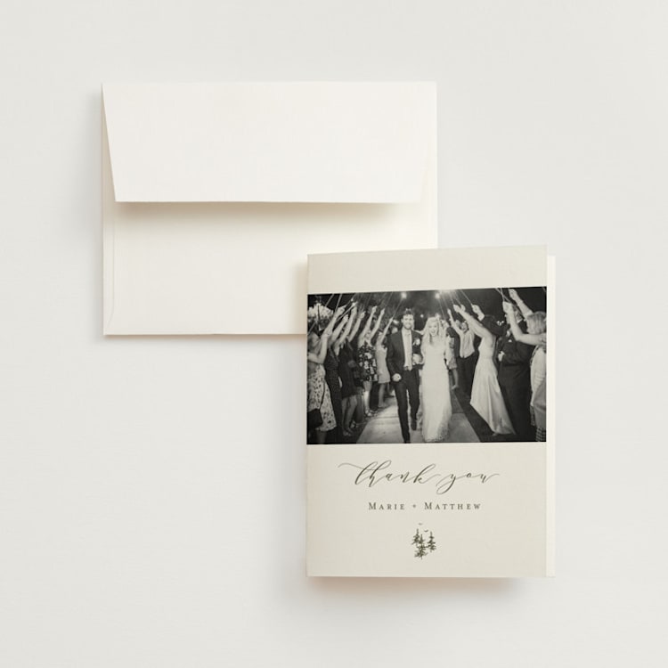 "into the mountains" - Folded Wedding Thank You Cards in Olive by Helen Halik - Front