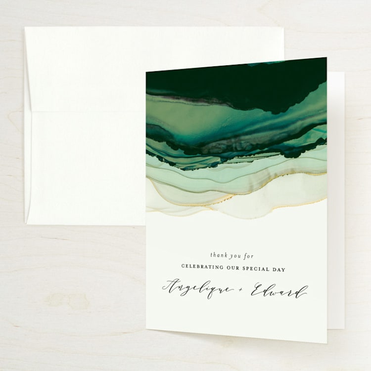 "Flow" - Folded Wedding Thank You Cards in Emerald by Three Kisses Studio - Front