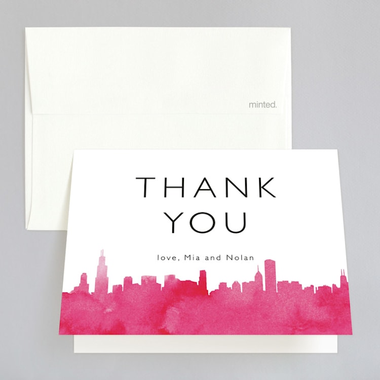 "Skyline Chicago" - Folded Wedding Thank You Cards in Magenta by Laura Condouris - Front
