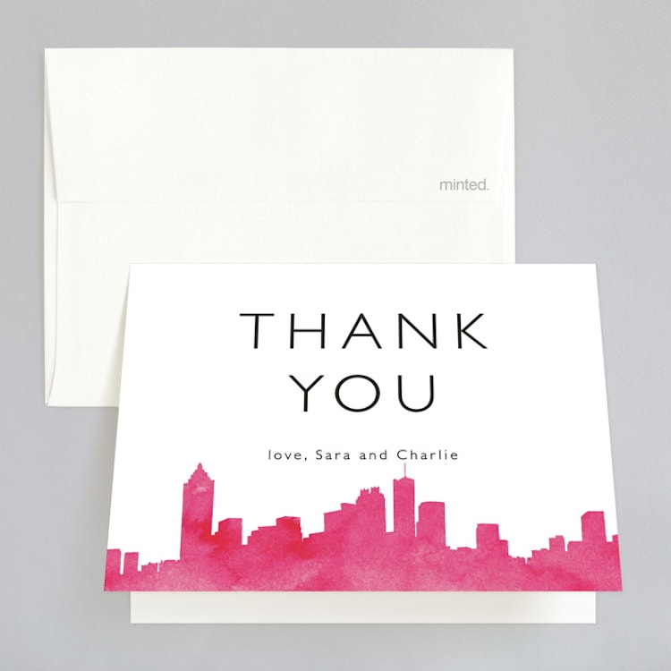 "Skyline Atlanta" - Folded Wedding Thank You Cards in Magenta by Laura Condouris - Front