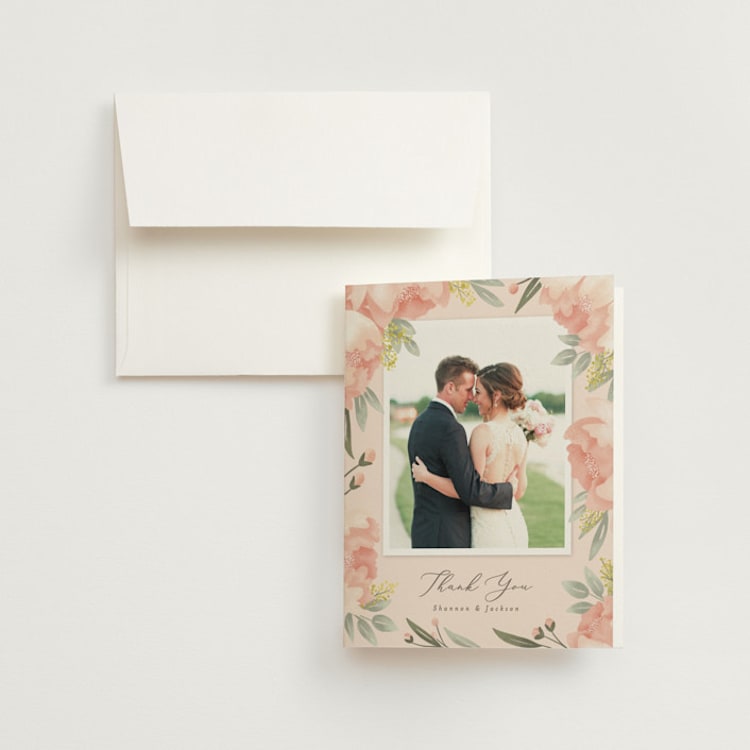 "Peony Wreath" - Folded Wedding Thank You Cards in Peach by Joanna Griffin - Front