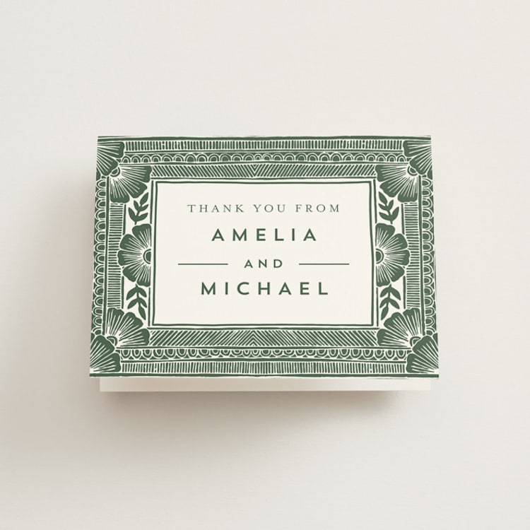 "Block Print Frame" - Folded Wedding Thank You Cards in Fern by Katharine Watson - Front