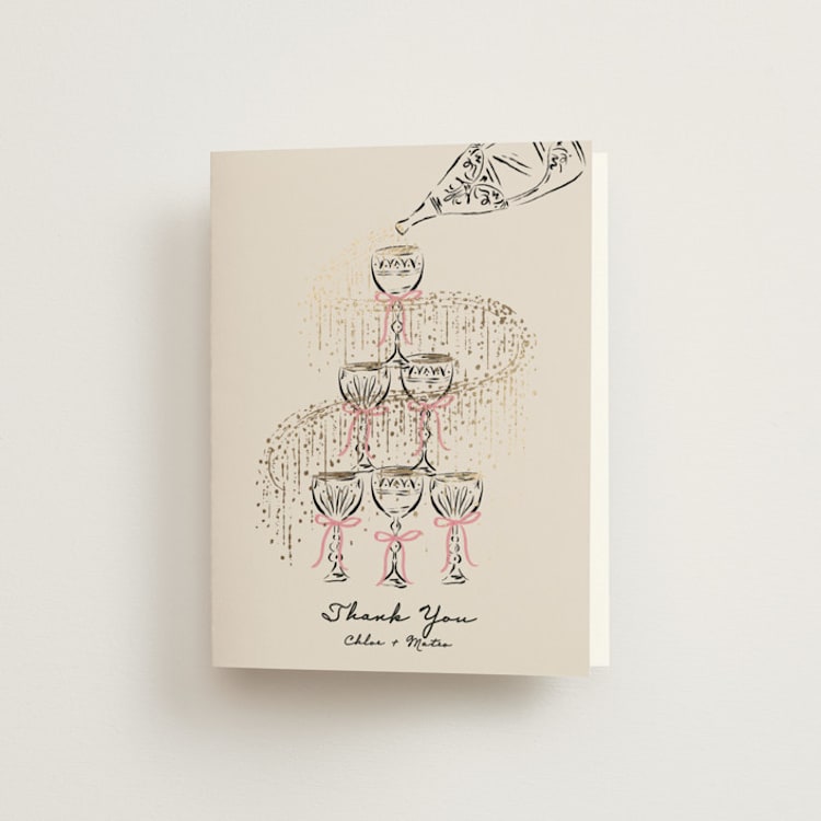 "Sparkling Champagne Tower" - Foil-Pressed Folded Wedding Thank You Cards in Petal by Jackie Crawford - Front