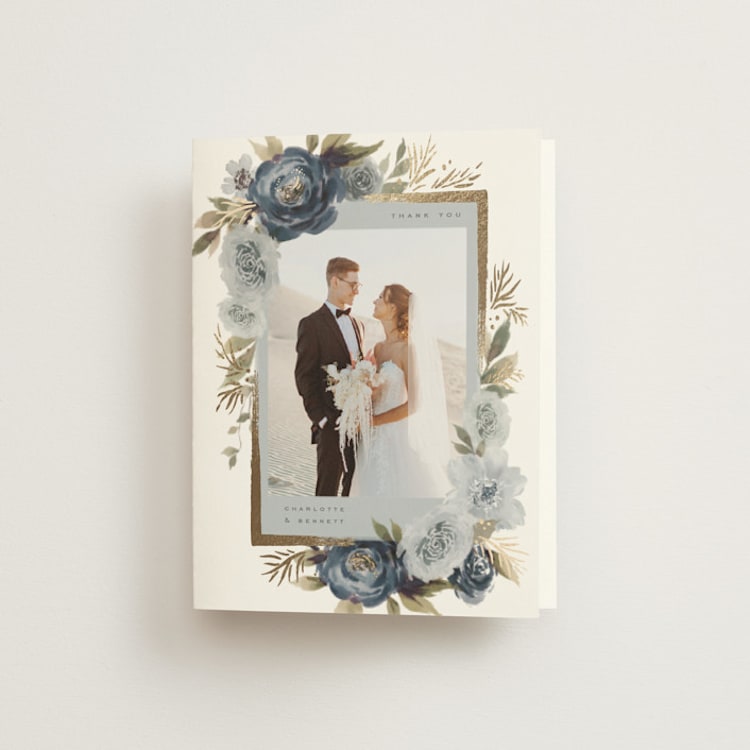"Romantic Frame" - Foil-Pressed Folded Wedding Thank You Cards in Indigo by Wildfield Paper Co - Front