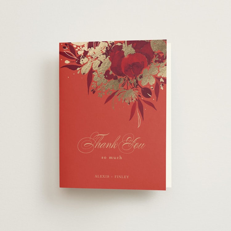 "Happiness" - Foil-Pressed Folded Wedding Thank You Cards in Cherry by Shannon Chen of Four Wet Feet Studio - Front