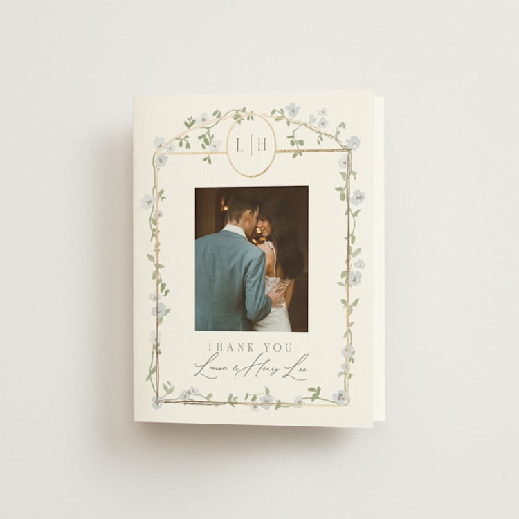 "Portico" - Foil-Pressed Folded Wedding Thank You Cards in Blue Bell by Everett Paper Goods - Front