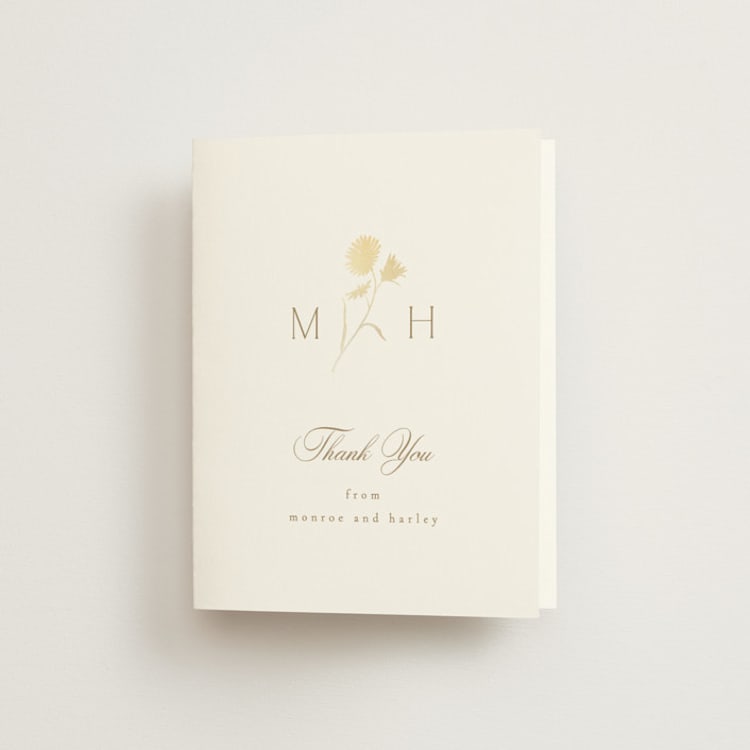"The Romantic" - Foil-Pressed Folded Wedding Thank You Cards in Buttercream by Kristie Kern - Front