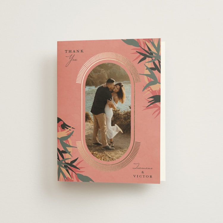 "Birds of Paradise" - Foil-Pressed Folded Wedding Thank You Cards in Coral by Julie Hebert - Front