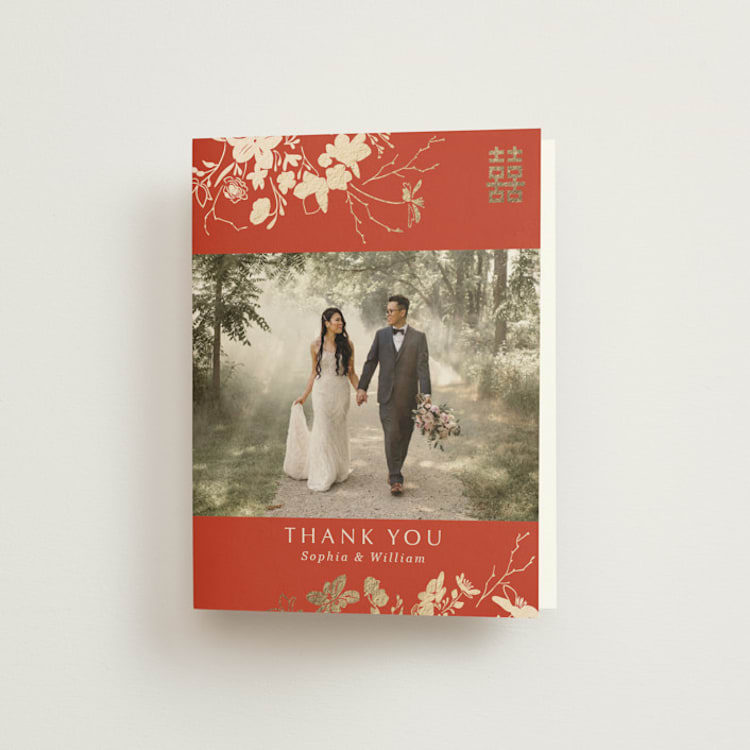 "Abstract Flora" - Foil-Pressed Folded Wedding Thank You Cards in Lava by Stellax Creative - Front