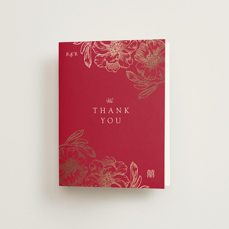 "Double Peony" - Foil-Pressed Folded Wedding Thank You Cards in Ruby by Janean Hinger - Front