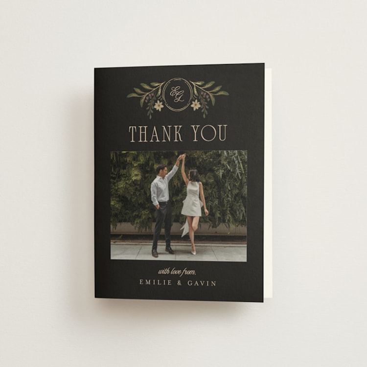 "Emilie" - Foil-Pressed Folded Wedding Thank You Cards in Noir by Randi Cirelli - Front