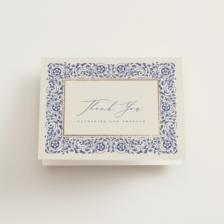 "Tiled Romance" - Foil-Pressed Folded Wedding Thank You Cards in Dynasty Blue by Ana de Sousa - Front