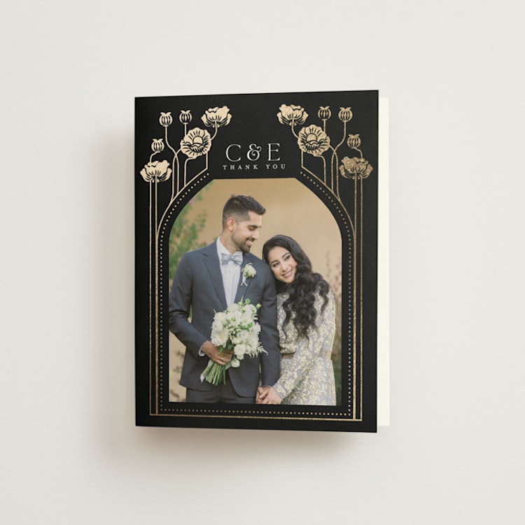 "Nouveau flowers" - Foil-Pressed Folded Wedding Thank You Cards in Onyx by Ana de Sousa - Front
