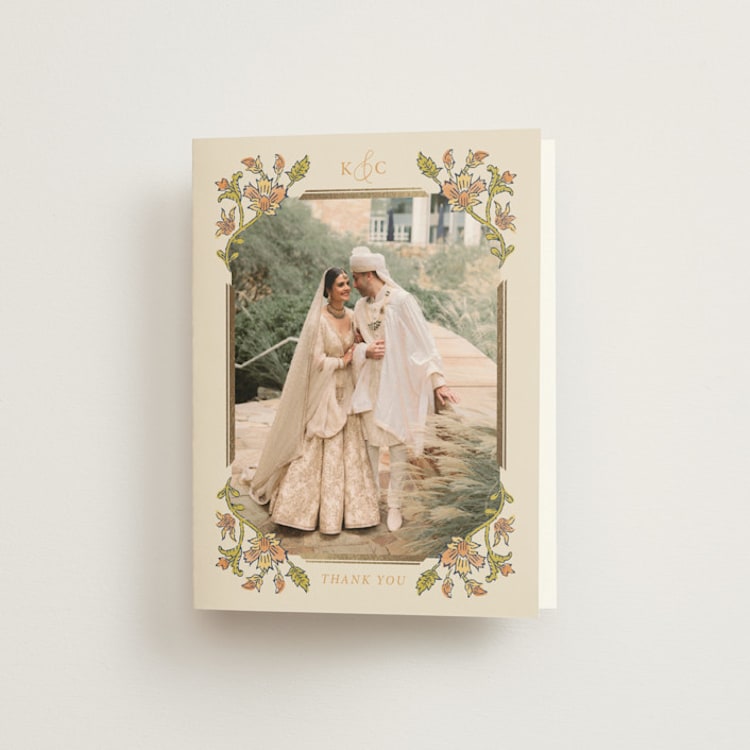 "Marigold" - Foil-Pressed Folded Wedding Thank You Cards in Ochre by Hannah Bowman - Front