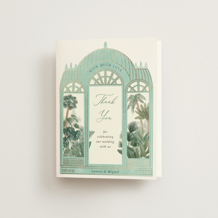 "The Greenhouse" - Foil-Pressed Folded Wedding Thank You Cards in Seagreen by Elly - Front
