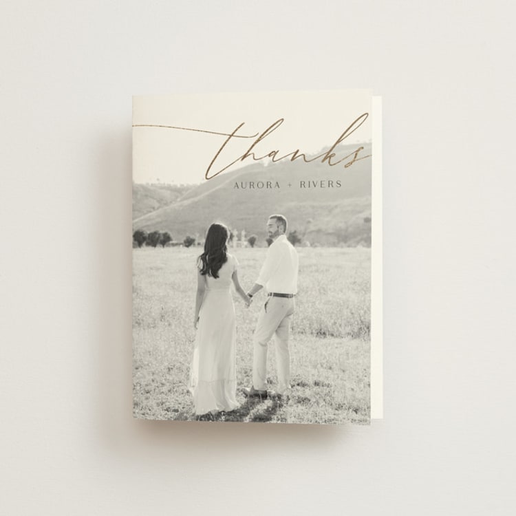 "gathering" - Foil-Pressed Folded Wedding Thank You Cards in Smoke by Olivia Raufman - Front