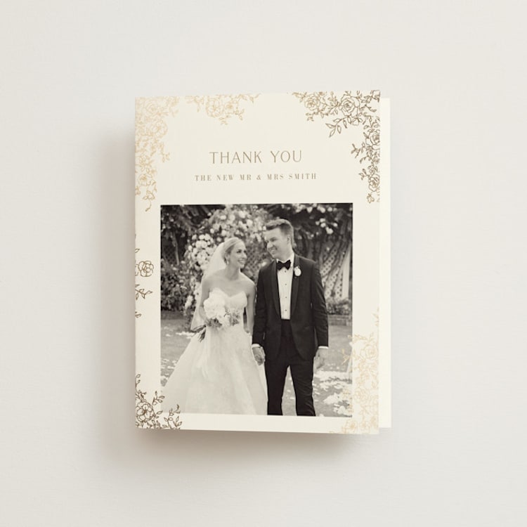 "floral crest" - Foil-Pressed Folded Wedding Thank You Cards in Champagne by Cass Loh - Front