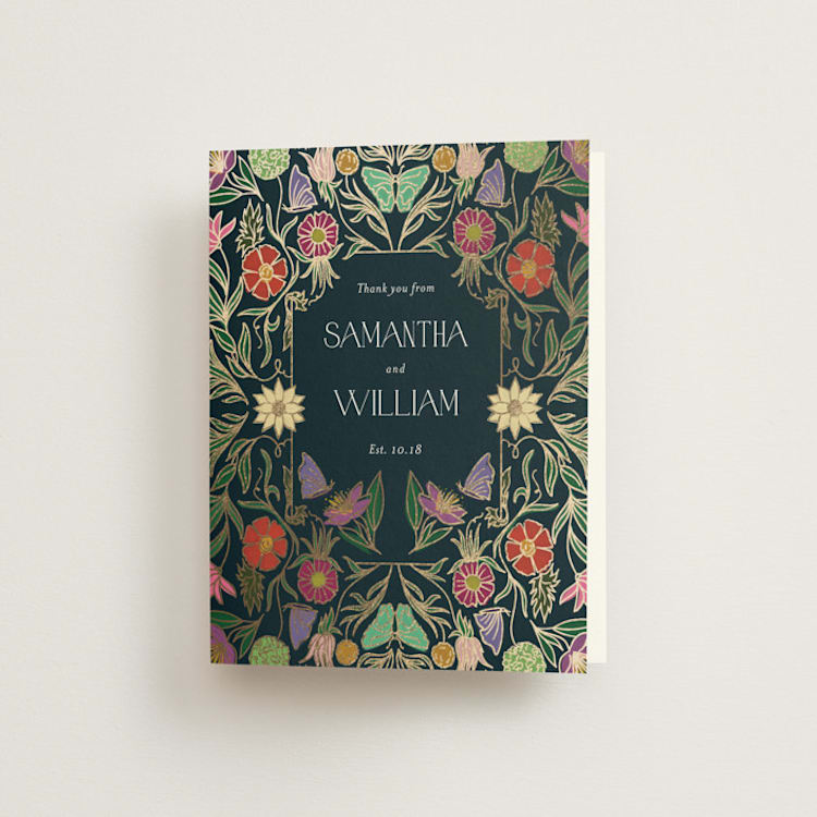 "Gilded Tapestry" - Foil-Pressed Folded Wedding Thank You Cards in Midnight Garden by Simona Camp - Front
