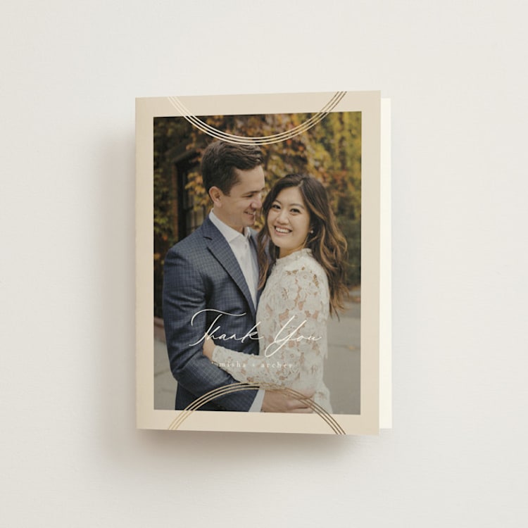 "Misha" - Foil-Pressed Folded Wedding Thank You Cards in Latte by Kristie Kern - Front