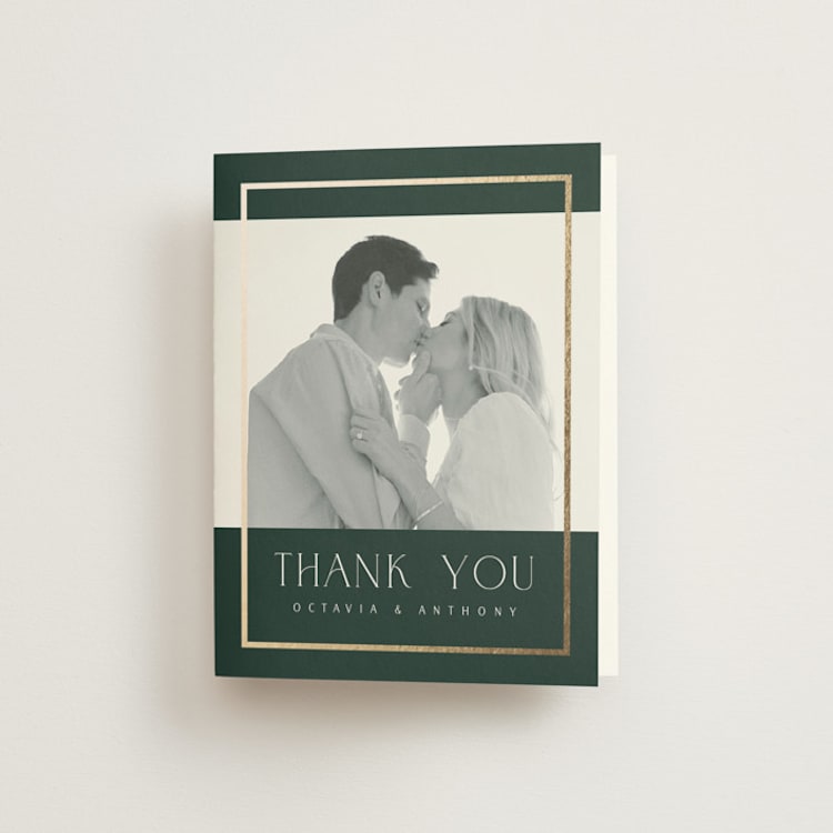"Regal" - Foil-Pressed Folded Wedding Thank You Cards in Evergreen by Nicole Walsh - Front