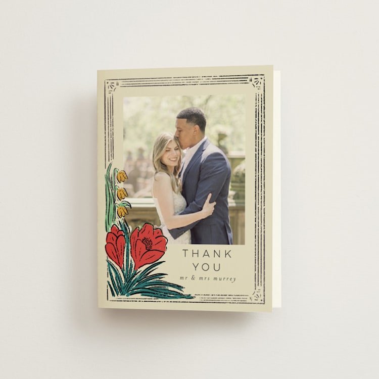 "Deco Spring Florals" - Foil-Pressed Folded Wedding Thank You Cards in Birch by Shiny Penny Studio - Front