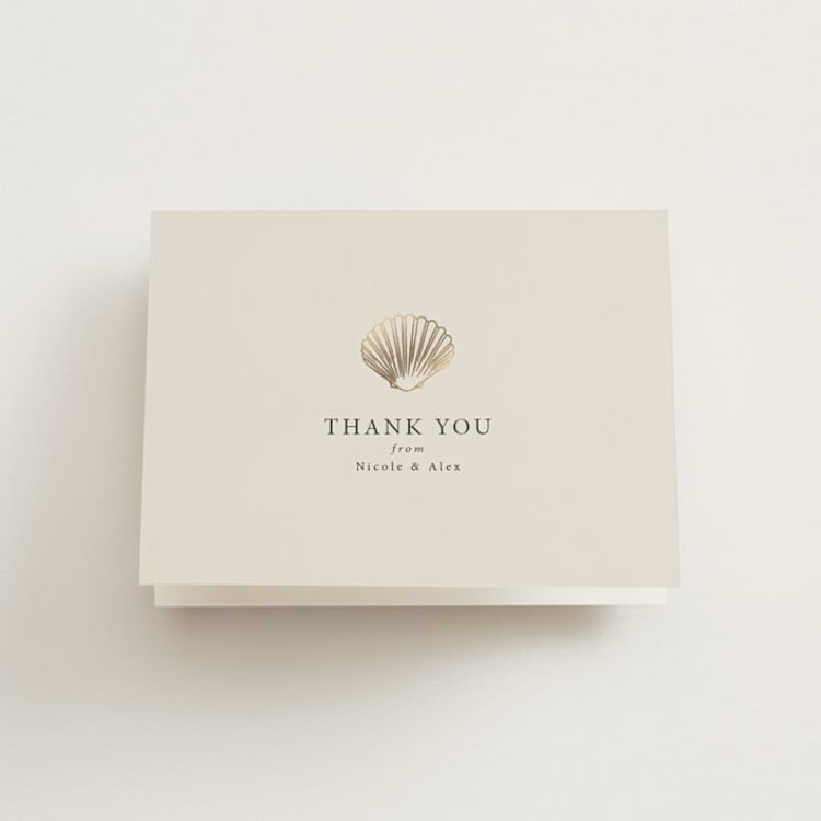 "Simple Seashell" - Foil-Pressed Folded Wedding Thank You Cards in Sand by Hannah Bowman - Front