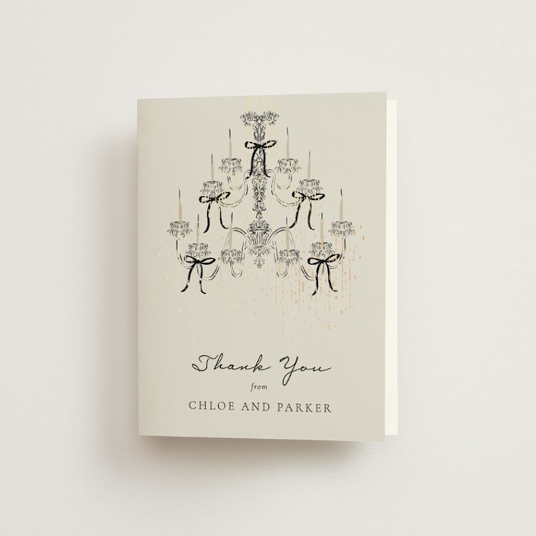 "Hand Illustrated Whimsical Chandelier" - Foil-Pressed Folded Wedding Thank You Cards in Noir by Jackie Crawford - Front