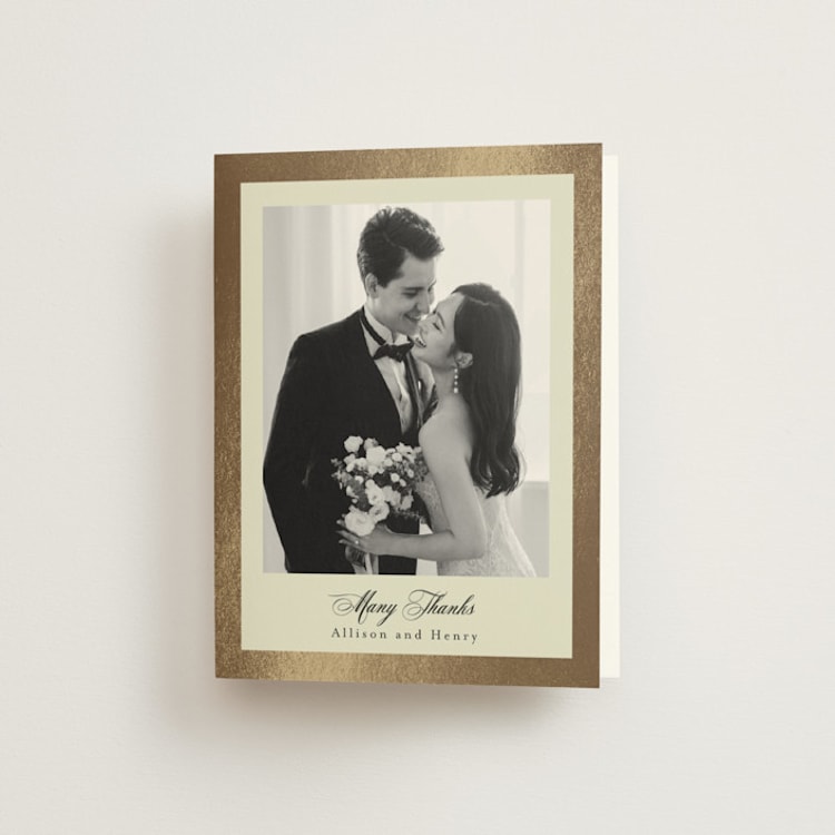 "All Tied Up" - Foil-Pressed Folded Wedding Thank You Cards in Champagne by Chris Griffith - Front