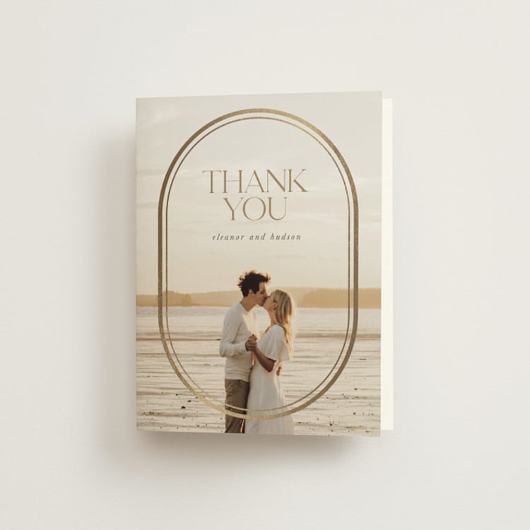 "oval" - Foil-Pressed Folded Wedding Thank You Cards in Sandstone by Lori Wemple - Front